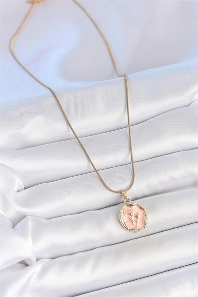 316L Çelik Gold Renk Zincir Pembe Mineli Çiçek İşlemeli Portre Model Kadın Kolye – PRT3500EB05819