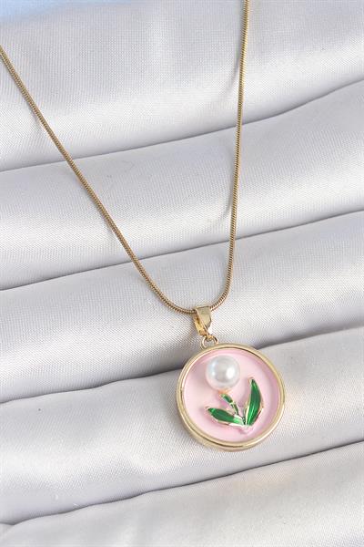 316L Çelik Gold Renk Zincir Pembe Mineli İncili Çiçek İşlemeli Portre Model Kadın Kolye – PRT3500EB05823