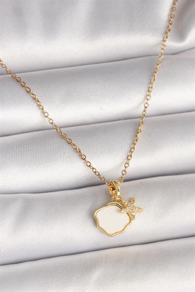 316L Çelik Gold Renk Zincir Sallantı Beyaz Mineli Deniz Kabuğu Zirkon Taşlı Deniz Yıldızı Figür Kadın Kolye – PRT3500EB04526