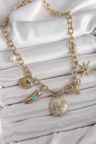 316L Çelik Gold Renk Zincir Sallantılı Çoklu Figür Model Kadın Kolye – PRT3500EB03952