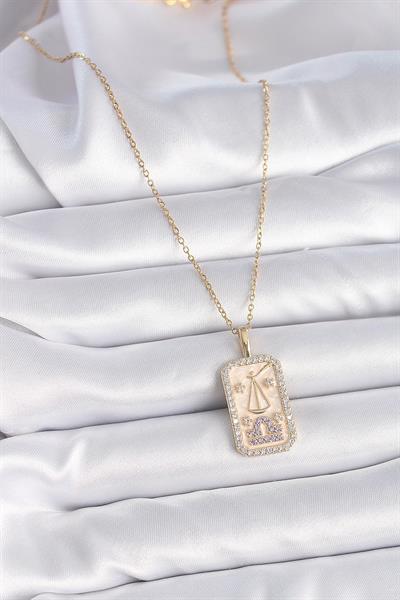 316L Çelik Gold Renk Zincir Terazi Burcu Zirkon Taşlı Kadın Kolye - PRT3500EB02739