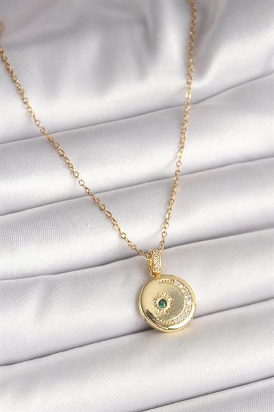 316L Çelik Gold Renk Zincir Zirkon Taş İşlemeli Hilal Yıldız İşlemeli Madalyon Model Kadın Kolye – PRT3500EB04508