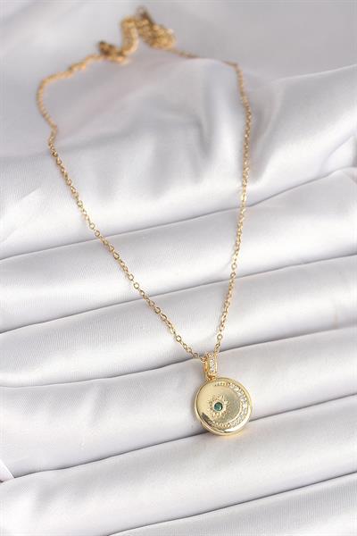 316L Çelik Gold Renk Zincir Zirkon Taş İşlemeli Hilal Yıldız İşlemeli Madalyon Model Kadın Kolye – PRT3500EB04508