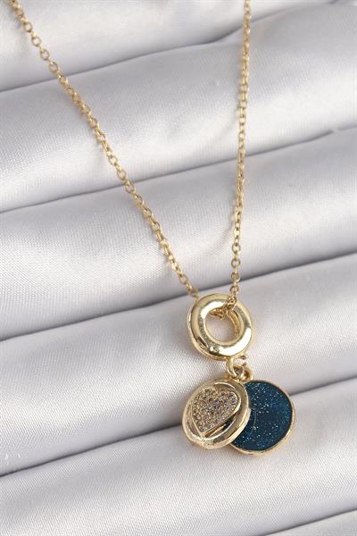 316L Çelik Gold Renk Zincir Zirkon Taşlı Kalp Model Mavi Simli Kadın Kolye – PRT3500EB03301