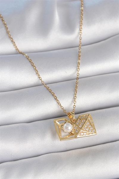 316L Çelik Gold Renk Zincir Zirkon Taşlı Açılır İncili Elmas Model Kadın Kolye – PRT3500EB05454