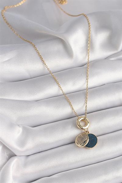 316L Çelik Gold Renk Zincir Zirkon Taşlı Kalp Model Mavi Simli Kadın Kolye – PRT3500EB03301