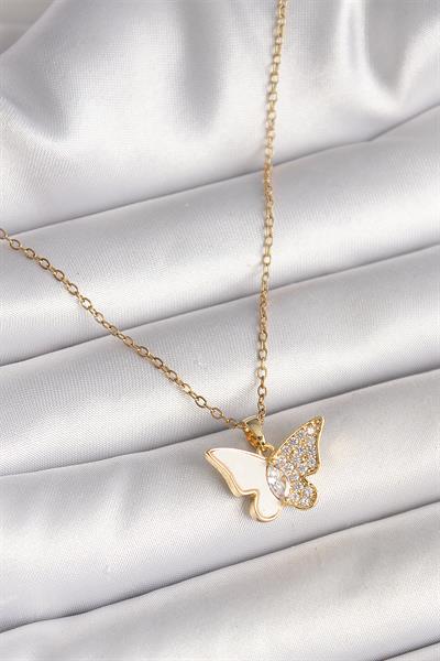 316L Çelik Gold Renk Zincir Zirkon Taşlı Beyaz Mineli Kelebek Model Kadın Kolye – PRT3500EB04496