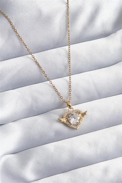 316L Çelik Gold Renk Zincir Zirkon Taşlı Kalp Model Kadın Kolye - PRT3500EB00786