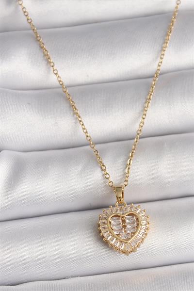 316L Çelik Gold Renk Zincir Zirkon Taşlı Kalp Model Kadın Kolye – PRT3500EB03794