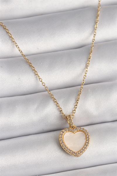 316L Çelik Gold Renk Zincir Zirkon Taşlı Beyaz Mineli Kalp Model Kadın Kolye - PRT3500EB03788