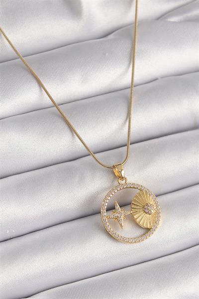 316L Çelik Gold Renk Zincir Zirkon Taşlı Yıldız İşleme Madalyon Model Kadın Kolye – PRT3500EB03297