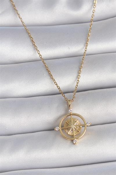 316L Çelik Gold Renk Zincir Zirkon Taşlı Pusula Model Kadın Kolye – PRT3500EB05444