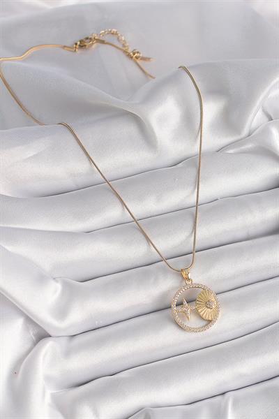 316L Çelik Gold Renk Zincir Zirkon Taşlı Yıldız İşleme Madalyon Model Kadın Kolye – PRT3500EB03297
