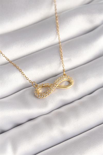 316L Çelik Gold Renk Zincir Zirkon Taşlı Sonsuzluk Model Kadın Kolye