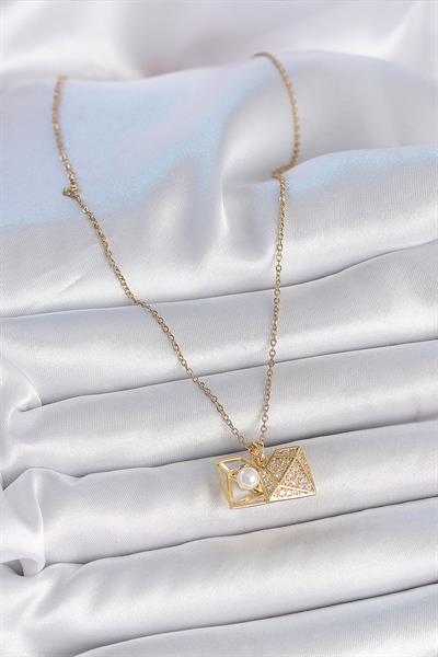 316L Çelik Gold Renk Zincir Zirkon Taşlı Açılır İncili Elmas Model Kadın Kolye – PRT3500EB05454