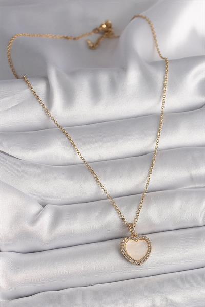 316L Çelik Gold Renk Zincir Zirkon Taşlı Beyaz Mineli Kalp Model Kadın Kolye - PRT3500EB03788