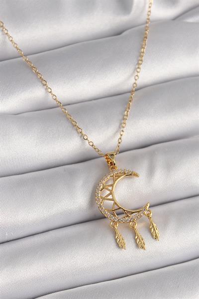 316L Çelik Gold Renk Zincir Zirkon Taşlı Hilal Model Sallantı Yaprak Detay Kadın Kolye – PRT3500EB03381