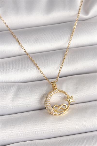 316L Çelik Gold Renk Zincir Zirkon Taşlı Ay Yıldız Model Sonsuzluk Detay Kadın Kolye – PRT3500EB04556