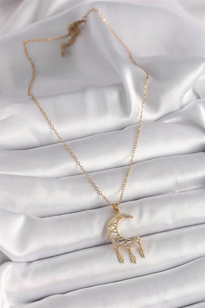 316L Çelik Gold Renk Zincir Zirkon Taşlı Hilal Model Sallantı Yaprak Detay Kadın Kolye – PRT3500EB03381