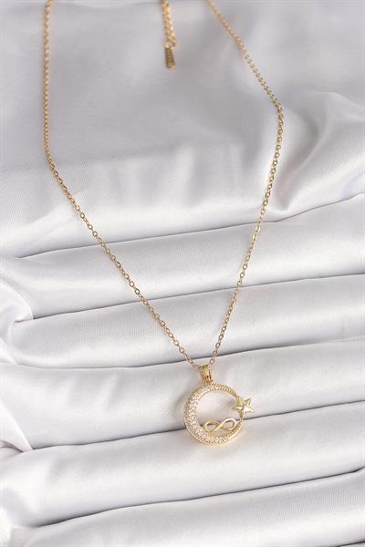 316L Çelik Gold Renk Zincir Zirkon Taşlı Ay Yıldız Model Sonsuzluk Detay Kadın Kolye – PRT3500EB04556