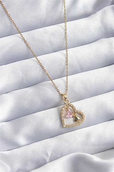 316L Çelik Gold Renk Zincir Zirkon Taşlı Kalp Model Kadın Kolye – PRT3500EB00785