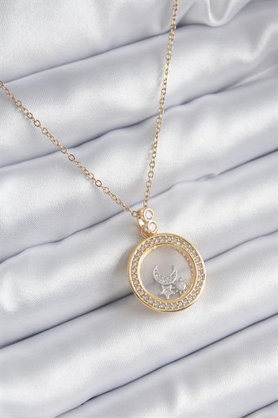 316L Çelik Gold Renk Zirkon Taş Detay Ay Yıldız Fanus Model Kadın Kolye – PRT3500EB00898