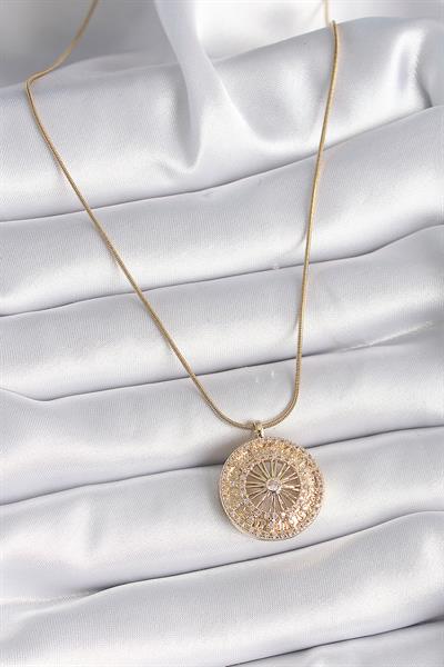 316L Çelik Gold Renk Zirkon Taşlı 12 Burç Madalyon Model Kadın Kolye – PRT3500EB03040