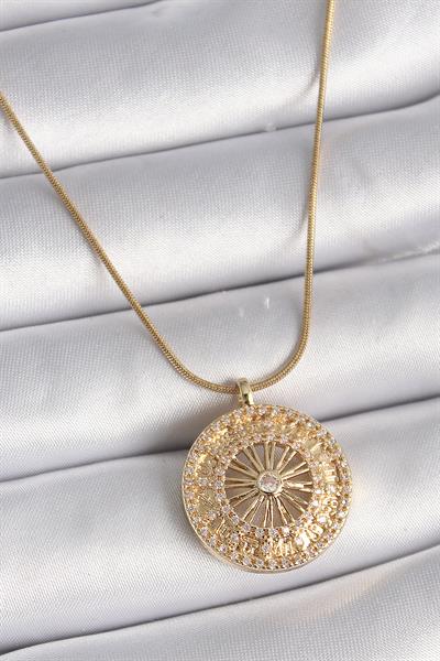 316L Çelik Gold Renk Zirkon Taşlı 12 Burç Madalyon Model Kadın Kolye – PRT3500EB03040
