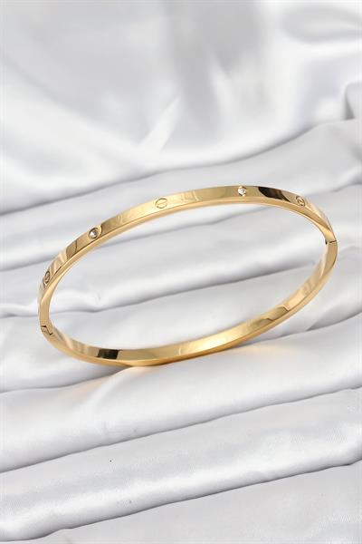 316L Çelik Gold Renk Zirkon Taşlı 65 mm İnce Kadın Kelepçe Bileklik – PRT3500EB08910