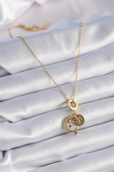 316L Çelik Gold Renk Zirkon Taşlı Ay Yıldız  Model Charm Model Kadın Kolye – PRT3500EB02455