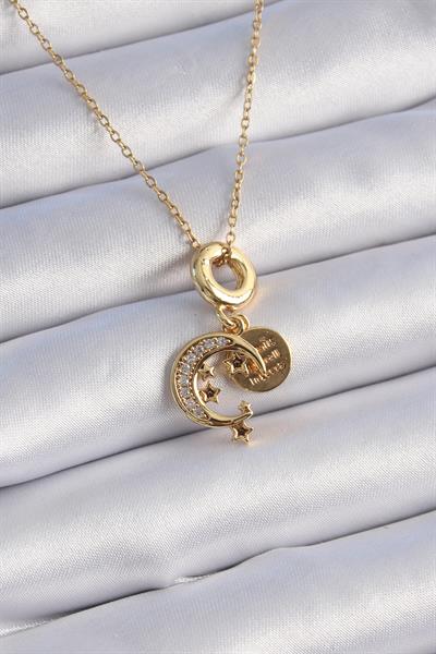 316L Çelik Gold Renk Zirkon Taşlı Ay Yıldız  Model Charm Model Kadın Kolye – PRT3500EB02455