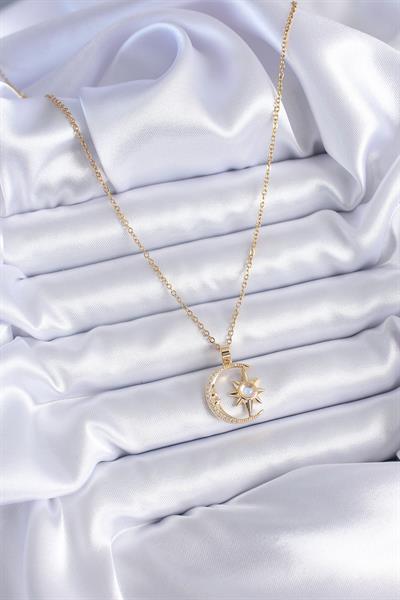 316L Çelik Gold Renk Zirkon Taşlı Ay Yıldız Model Kadın Kolye – PRT3500EB00620