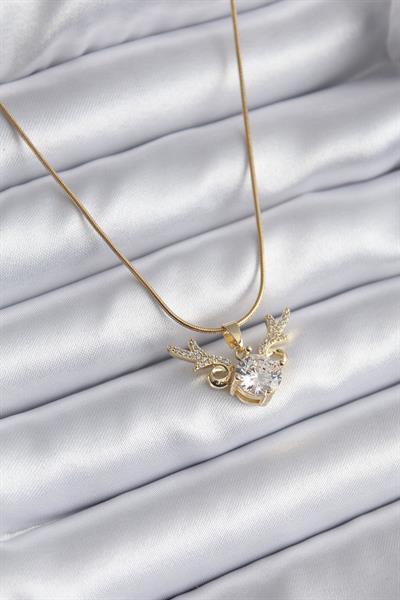 316L Çelik Gold Renk Zirkon Taşlı Boynuz Model Kadın Kolye – PRT3500EB00837