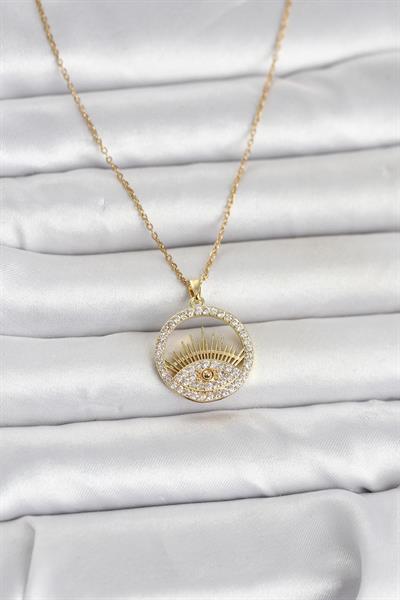 316L Çelik Gold Renk Zirkon Taşlı Göz Model Kadın Kolye