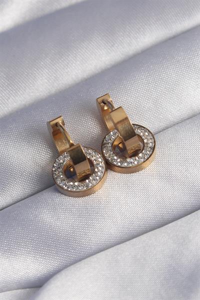 316L Çelik Gold Renk Zirkon Taşlı İç İçe Geçmeli Oval Küpe – PRT3500EB01652
