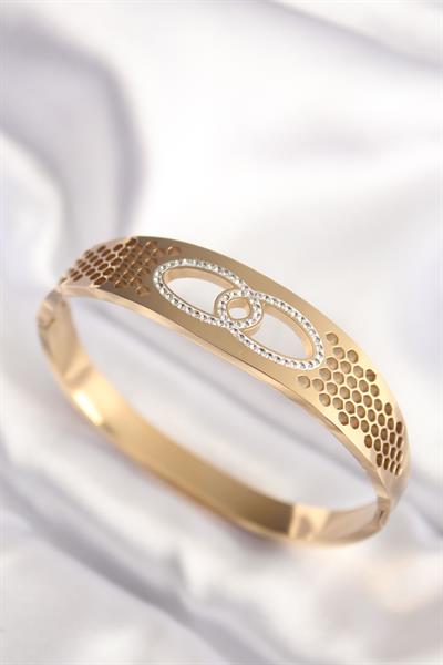 316L Çelik Gold Renk Zirkon Taşlı Kadın Kelepçe Bilezik – PRT3500EB01206
