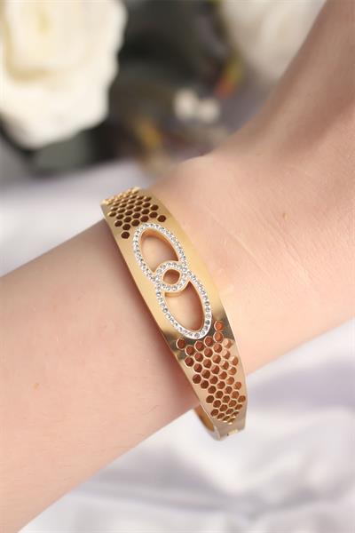 316L Çelik Gold Renk Zirkon Taşlı Kadın Kelepçe Bilezik – PRT3500EB01206