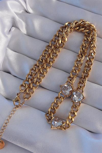 316L Çelik Gold Renk Zirkon Taşlı Kalp Model Zincir Kolye – PRT3500EB01884