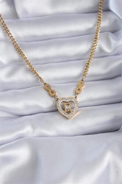 316L Çelik Gold Renk Zirkon Taşlı Kalp Model Sonsuzluk Detay Kadın Kolye – PRT3500EB00677