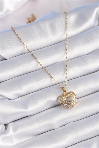 316L Çelik Gold Renk Zirkon Taşlı Kalp Model Vintage Kadın Kolye – PRT3500EB02468