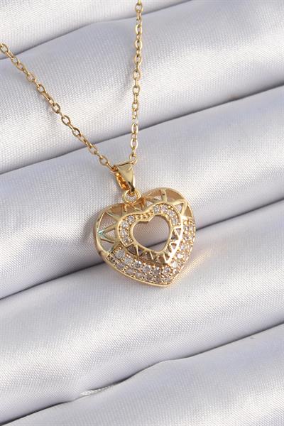 316L Çelik Gold Renk Zirkon Taşlı Kalp Model Vintage Kadın Kolye – PRT3500EB02468