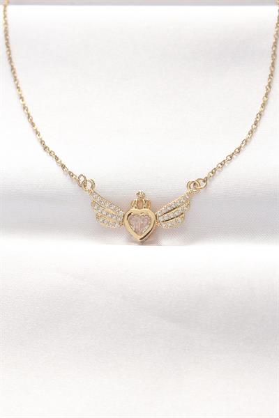 316L Çelik Gold Renk Zirkon Taşlı Kalpli Kanat Kolye – PRT3500EB01273