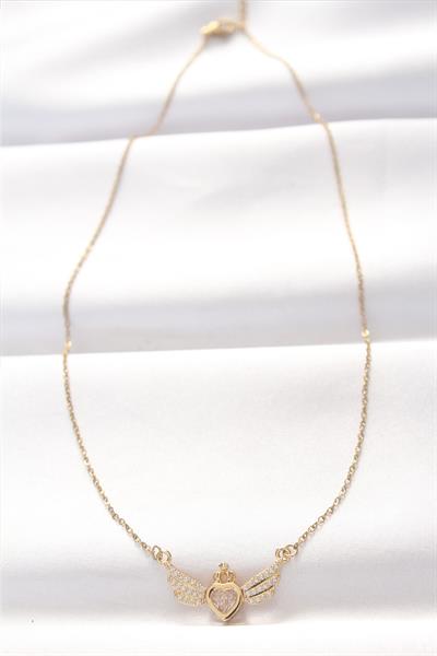 316L Çelik Gold Renk Zirkon Taşlı Kalpli Kanat Kolye – PRT3500EB01273