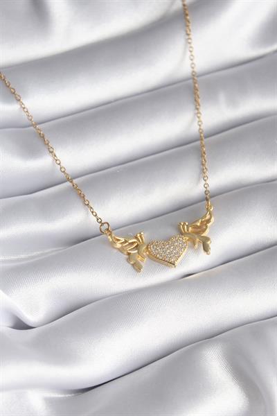 316L Çelik Gold Renk Zirkon Taşlı Kanatlı Kalp Model Kadın Kolye – PRT3500EB01052