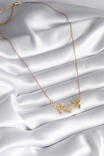 316L Çelik Gold Renk Zirkon Taşlı Kanatlı Kalp Model Kadın Kolye – PRT3500EB01052