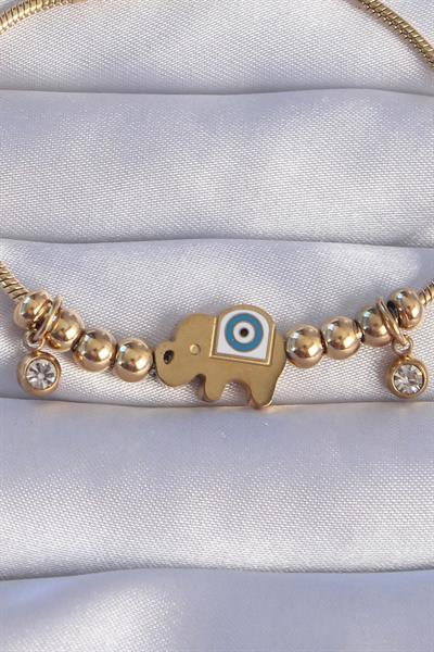 316L Çelik Gold Renk Zirkon Taşlı Nazarlı Fil Tasarımlı Bileklik – PRT3500EB01895