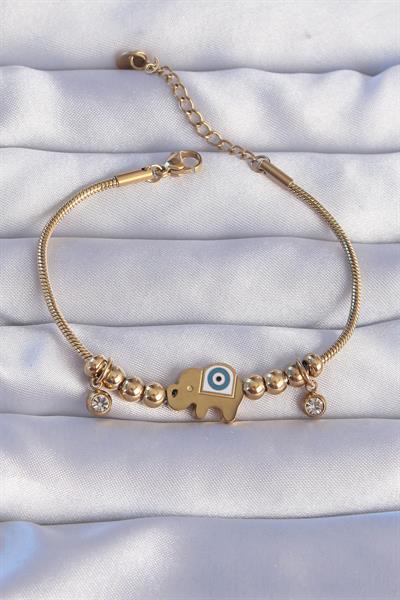 316L Çelik Gold Renk Zirkon Taşlı Nazarlı Fil Tasarımlı Bileklik – PRT3500EB01895