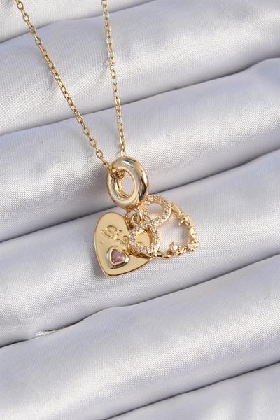 316L Çelik Gold Renk Zirkon Taşlı Sonsuzluk Kalp Figür Charm Model Kadın Kolye - PRT3500EB02453