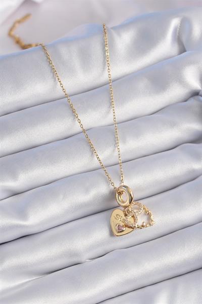 316L Çelik Gold Renk Zirkon Taşlı Sonsuzluk Kalp Figür Charm Model Kadın Kolye - PRT3500EB02453