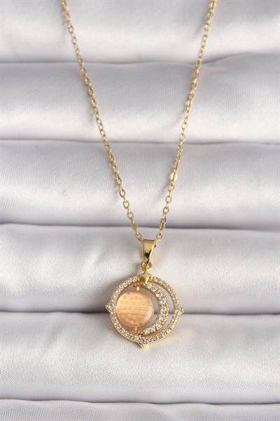 316L Çelik Gold Renk Zirkon Taşlı Turuncu Sedefli Hilal Model Kadın Kolye – PRT3500EB03625